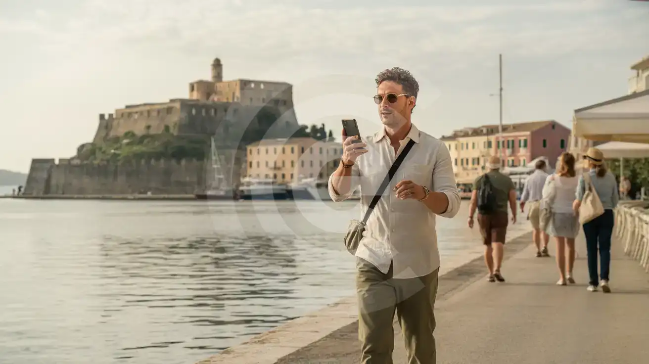 Solo male traveler walking along Corfu Old Port promenade with smartphone, Venetian Old Fortress visible on the peninsula behind
