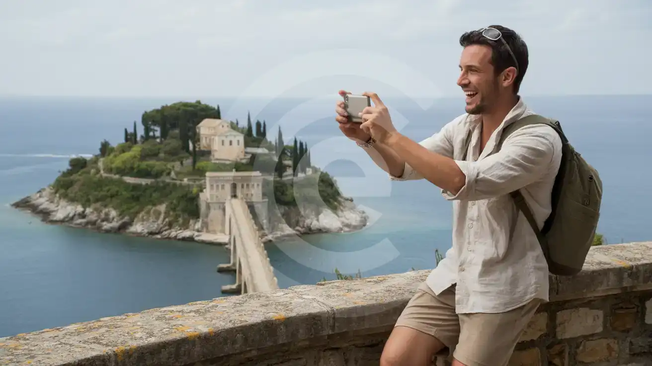 Solo male traveler photographing Mouse Island and Vlacherna Monastery from the Kanoni viewpoint in Corfu
