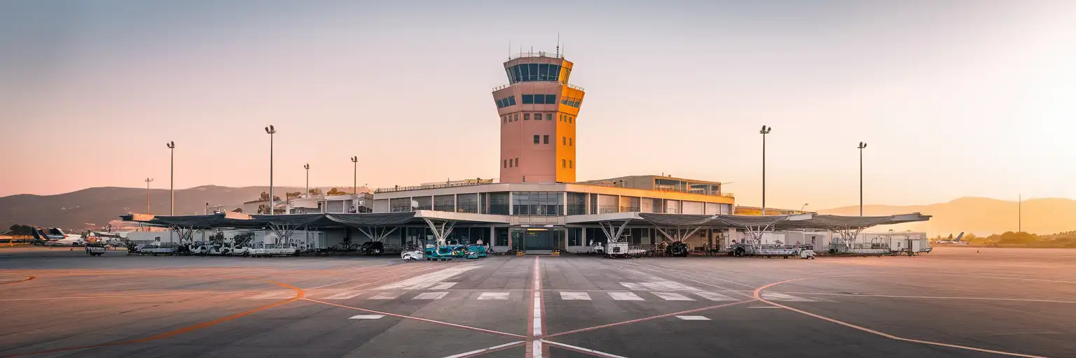 Exterior view of Zakynthos International Airport in Zakynthos, Greece at golden hour