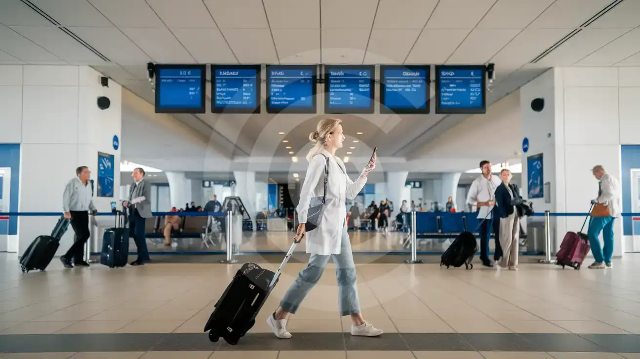 Solo female traveler walking through the arrivals hall at Zakynthos International Airport in Zakynthos, Greece