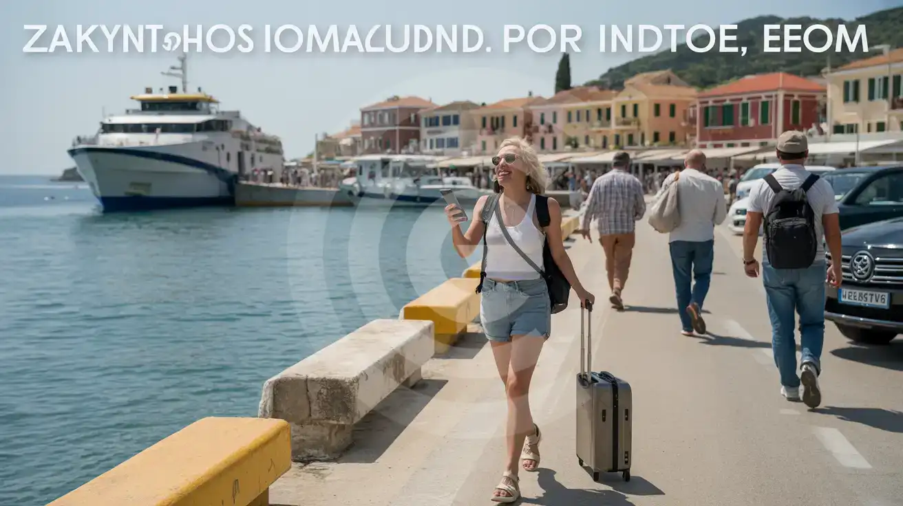 Solo female traveler walking with a suitcase along the harborfront at Zakynthos Port with ferries and waterfront buildings behind her