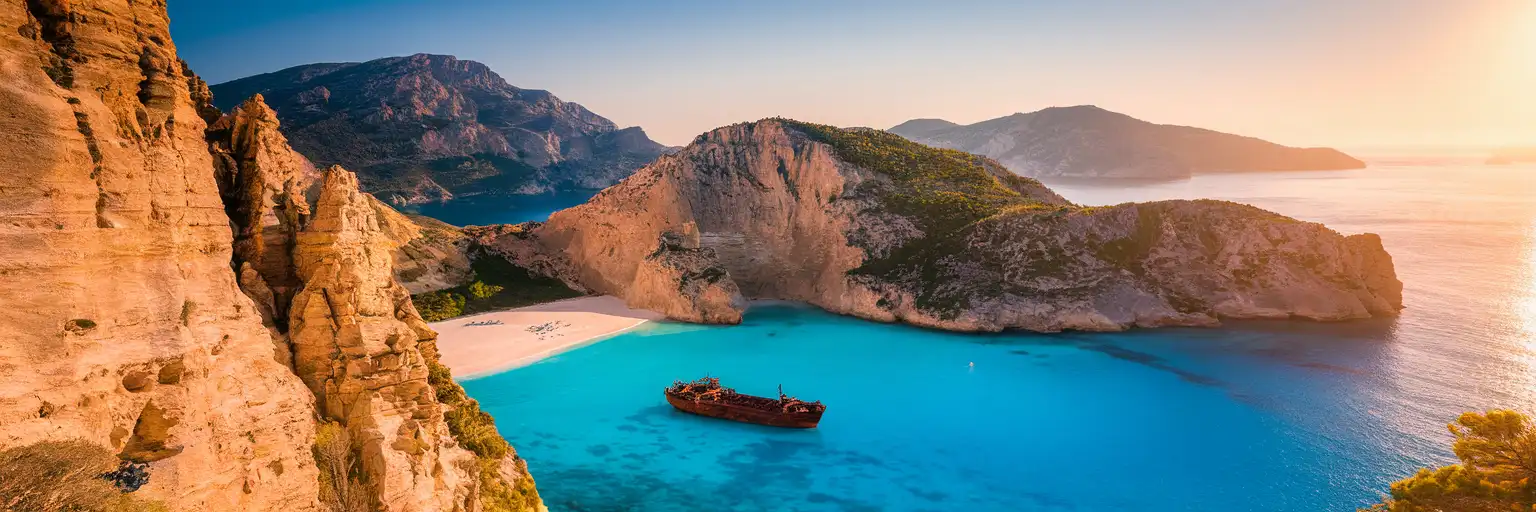Aerial view of Navagio Beach on Zakynthos island showing the famous shipwreck on white sand surrounded by turquoise waters and limestone cliffs at golden hour