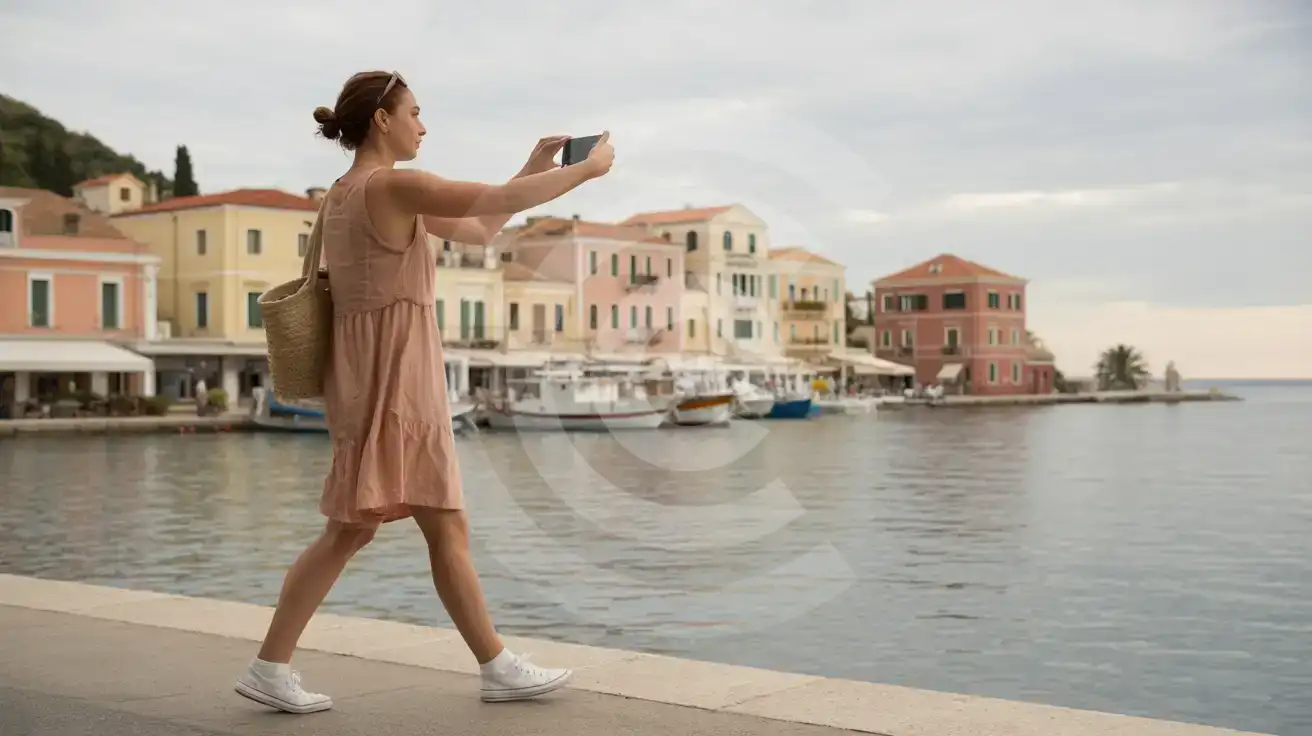 Solo female traveler photographing the Venetian-style waterfront promenade and harbor in Zakynthos Town with her smartphone