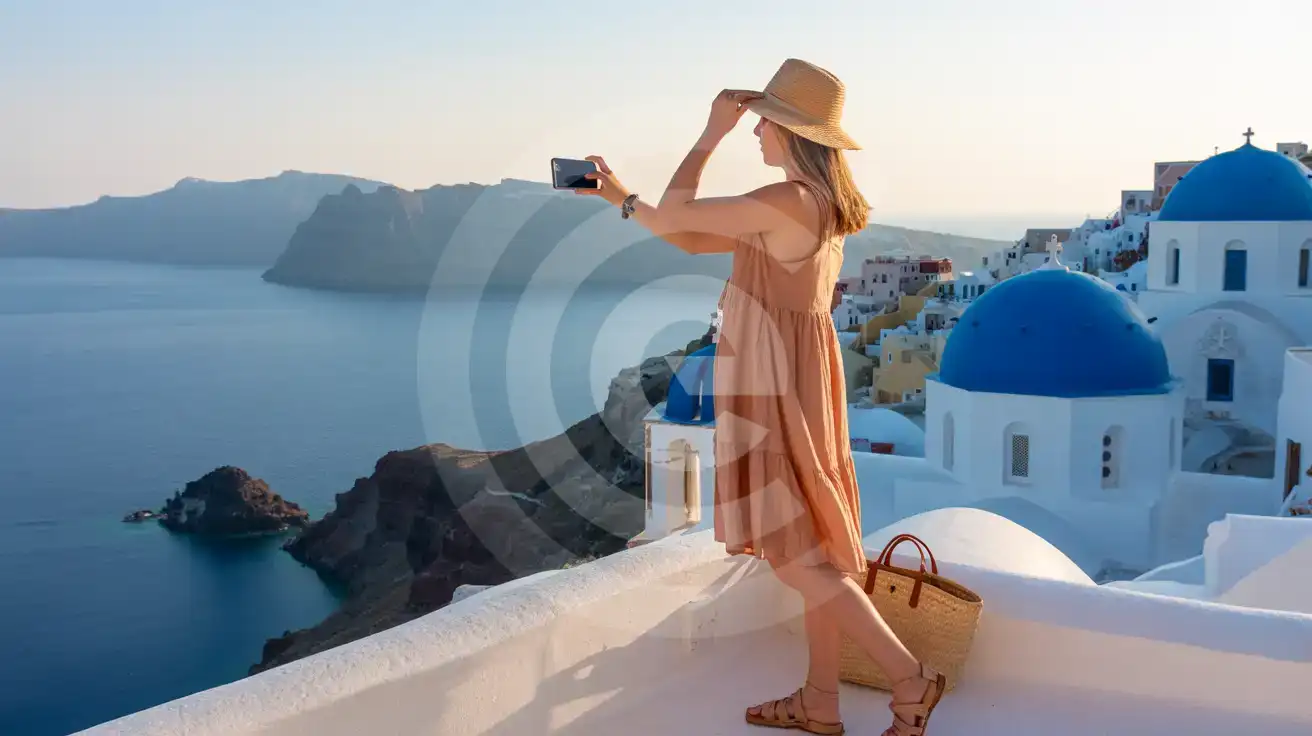 Solo female traveler photographing the blue-domed churches and caldera of Oia village in Santorini, Greece