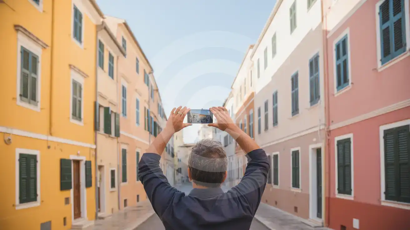 Voyageur solitaire photographiant les églises à dôme bleu d'Oia surplombant la caldeira de Santorin
