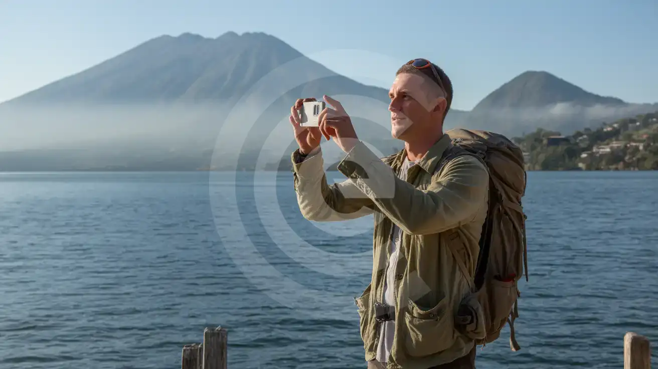 Alleenreizende man fotografeert vulkanen van het Meer van Atitlán vanaf een houten steiger in Guatemala in de ochtend
