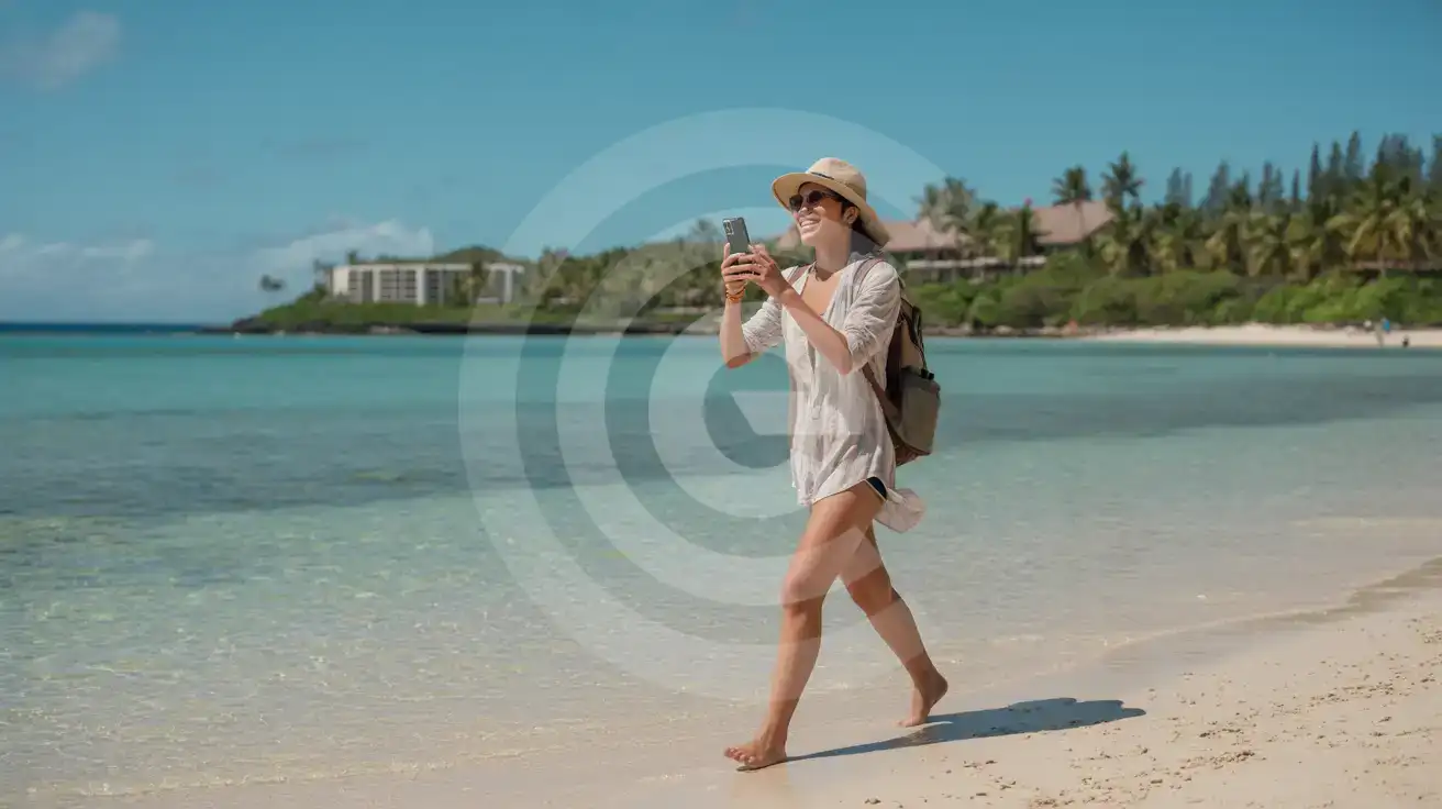 Viajante solo fotografando a praia de Tumon Bay em Guam ao meio-dia, com água turquesa e coqueiros