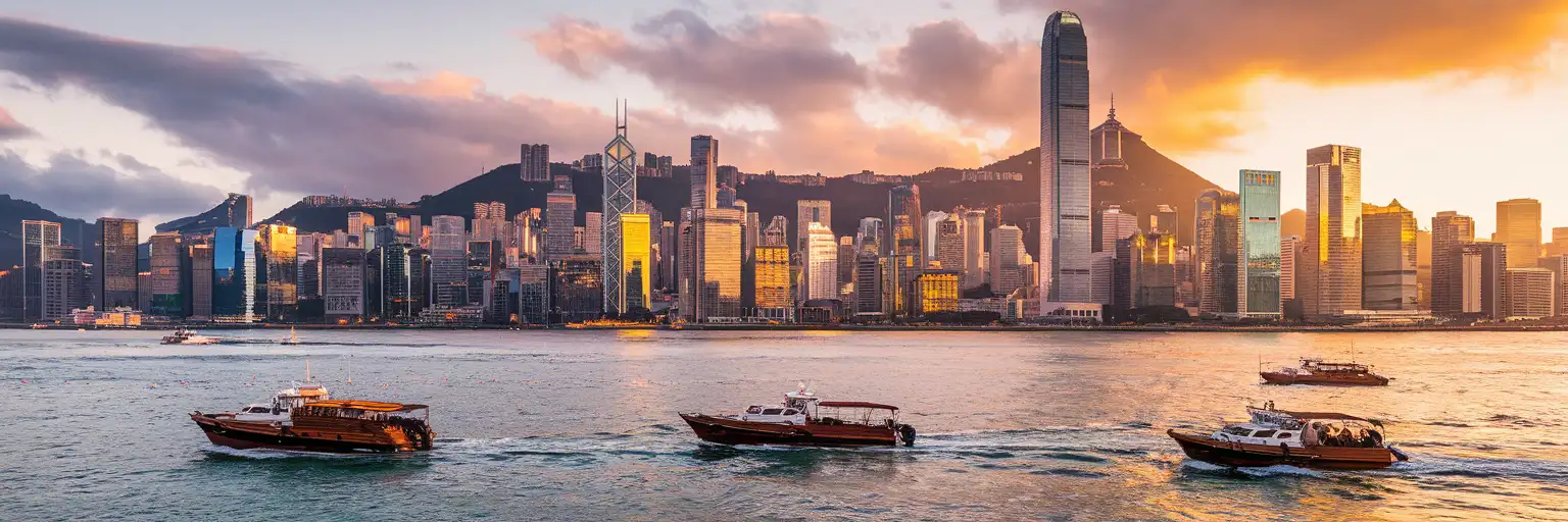Victoria Harbour skyline at golden hour viewed from Tsim Sha Tsui promenade with Central skyscrapers and the Peak in background