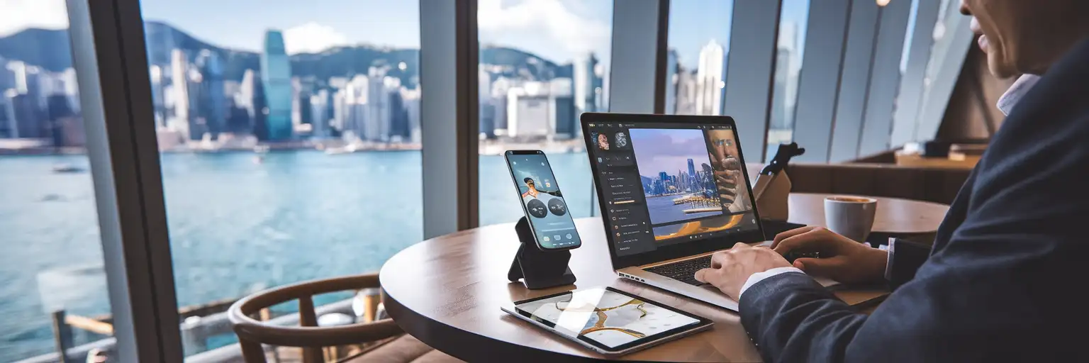 Podróżnik używający smartfona jako hotspotu dla laptopa i tabletu w kawiarni w Hongkongu z widokiem na panoramę portu przez okna