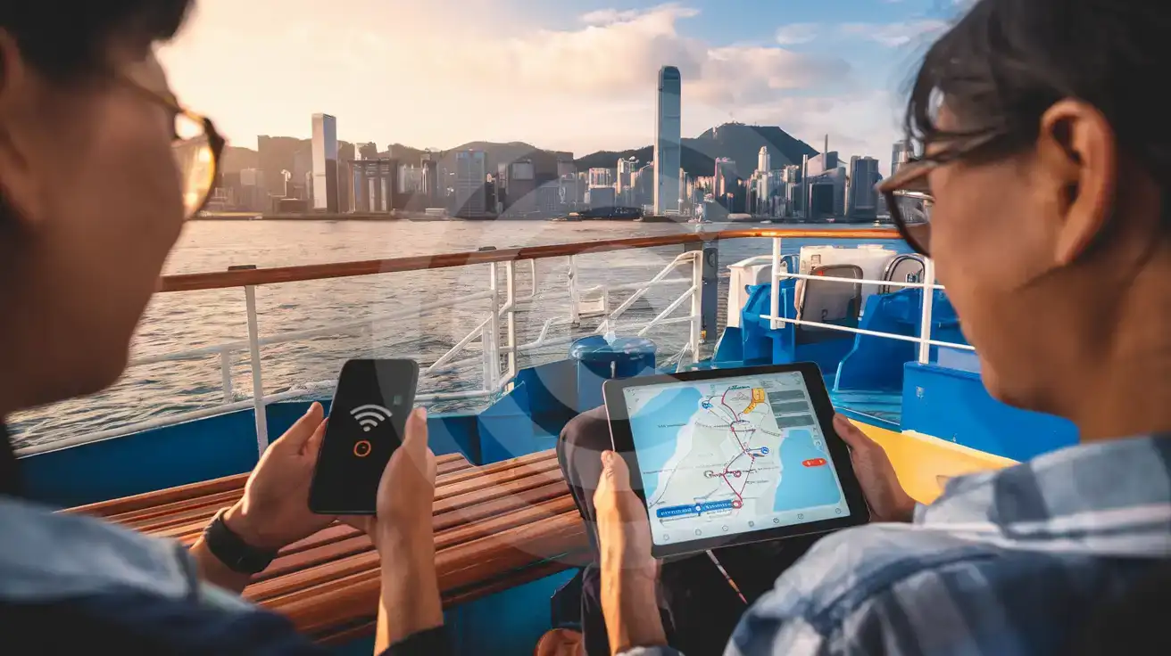 Dwóch podróżników korzystających z udostępnionego połączenia hotspot na promie Star Ferry z panoramą Hongkongu w tle