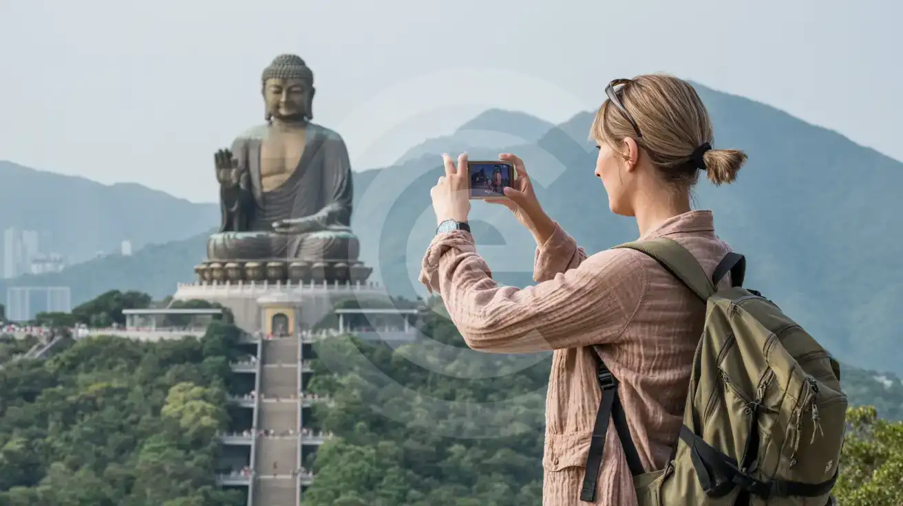 Solo female traveler photographing the Tian Tan Buddha statue from the base of the stone steps on Lantau Island Hong Kong