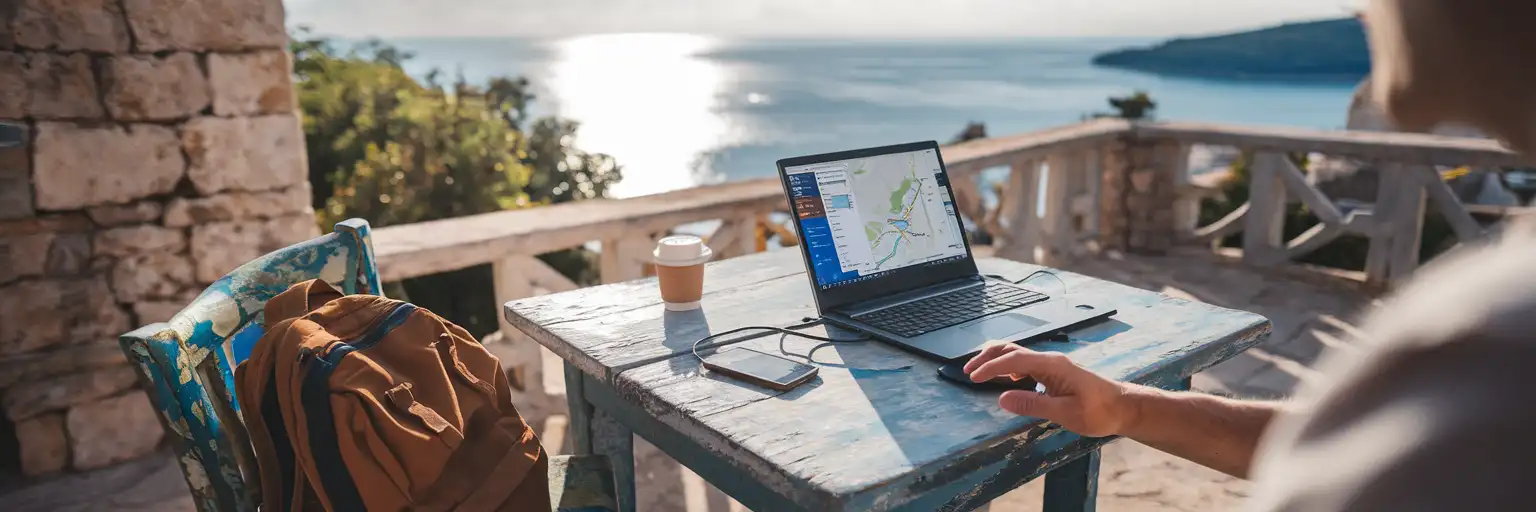 Călător folosind hotspotul smartphone-ului conectat la laptop pe o terasă la malul mării în Croația, cu vedere la Adriatică
