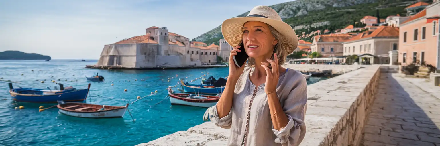 Woman traveller making a phone call on a Dalmatian harbour wall with fishing boats and coastal Croatian town in the background
