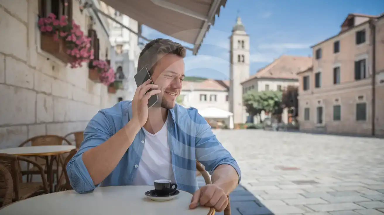 Traveller answering a phone call at an outdoor café in a Croatian old-town square