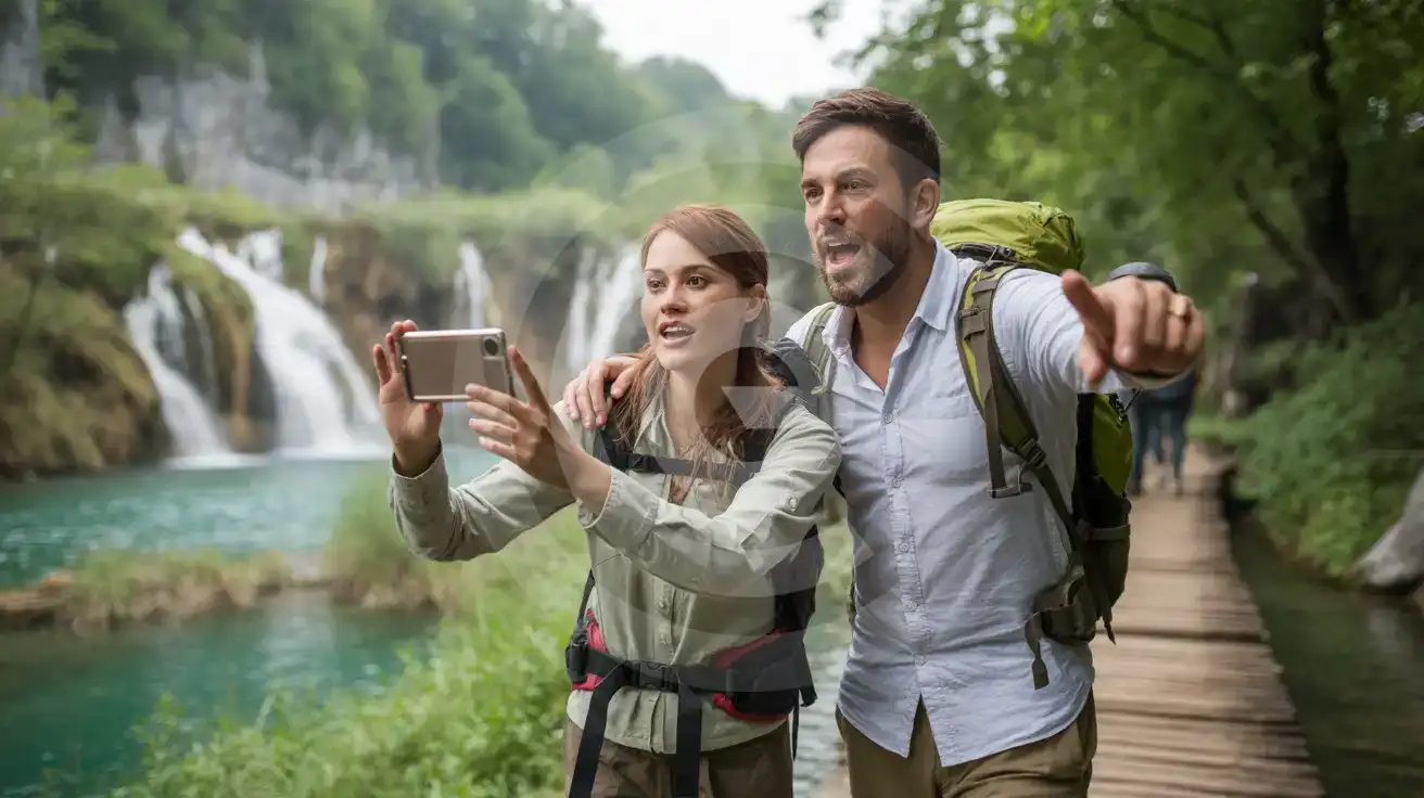 Stel fotografeert de turkooizen watervallen in Nationaal Park Plitvicemeren langs het houten wandelpad