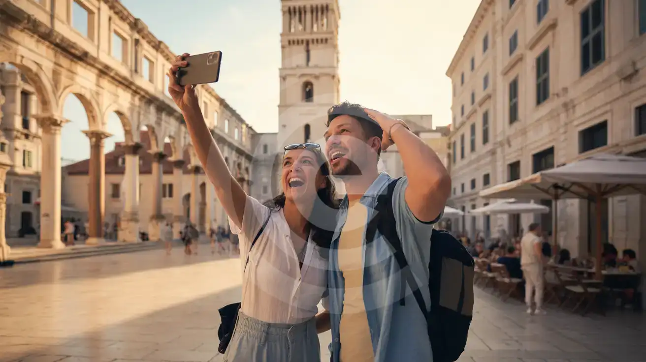 A couple photographing the ancient Roman columns of Diocletian's Palace Peristyle in Split, Croatia