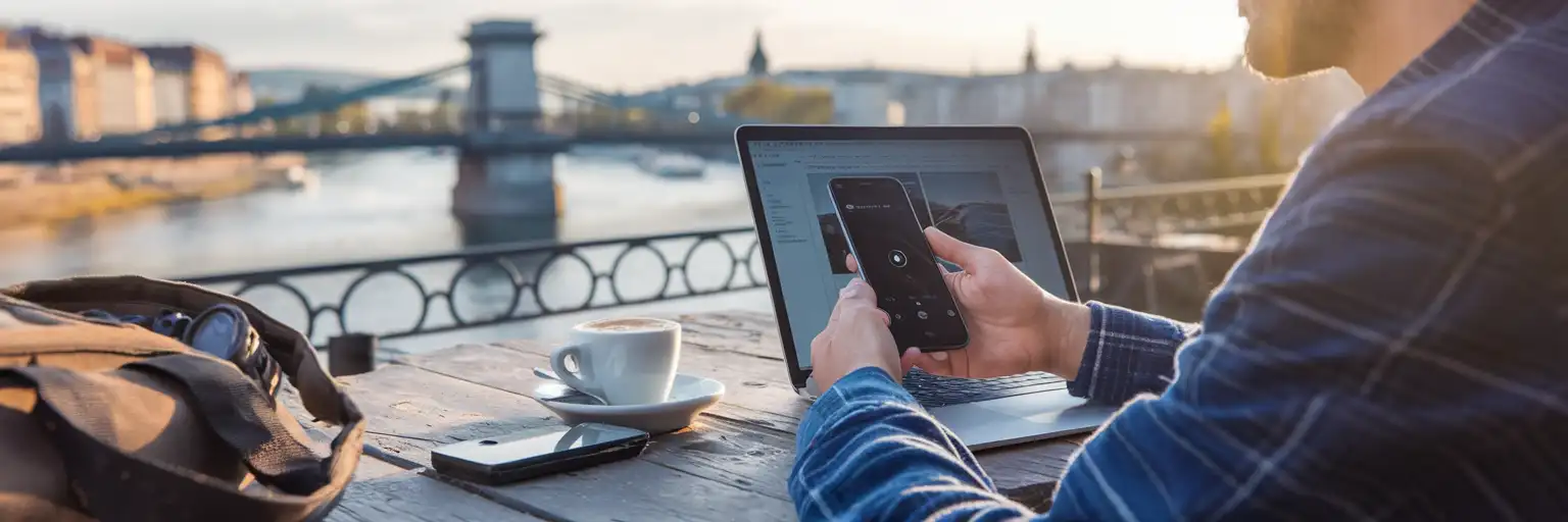 Fotógrafo de viajes subiendo fotos desde su portátil usando el hotspot del teléfono en una terraza de café en Budapest con vista al río Danubio