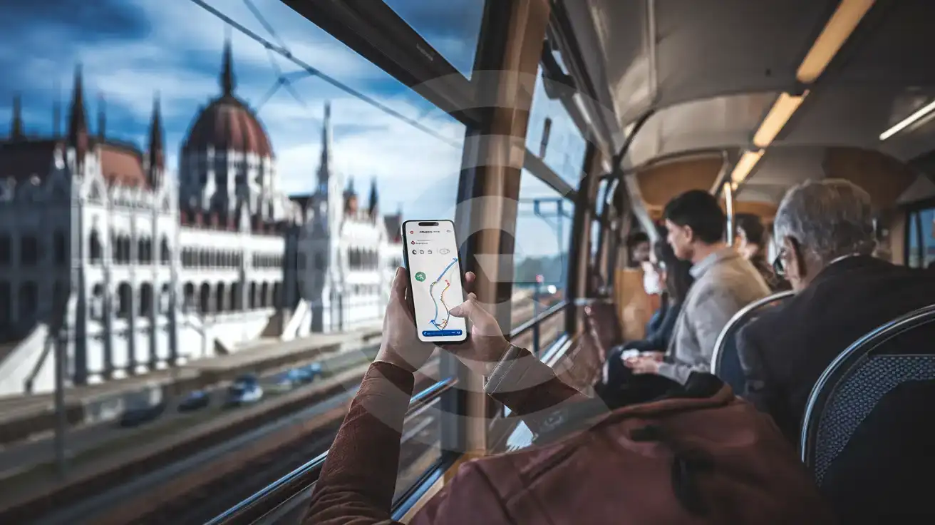 Viajero usando la navegación en su smartphone en un tranvía de Budapest con el Parlamento visible por la ventana