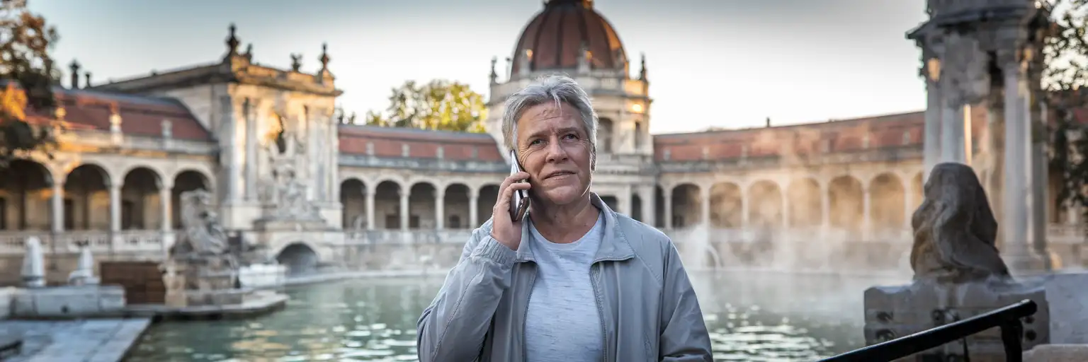 Viajero haciendo una llamada telefónica frente a un edificio histórico de baños termales en Budapest durante la hora dorada