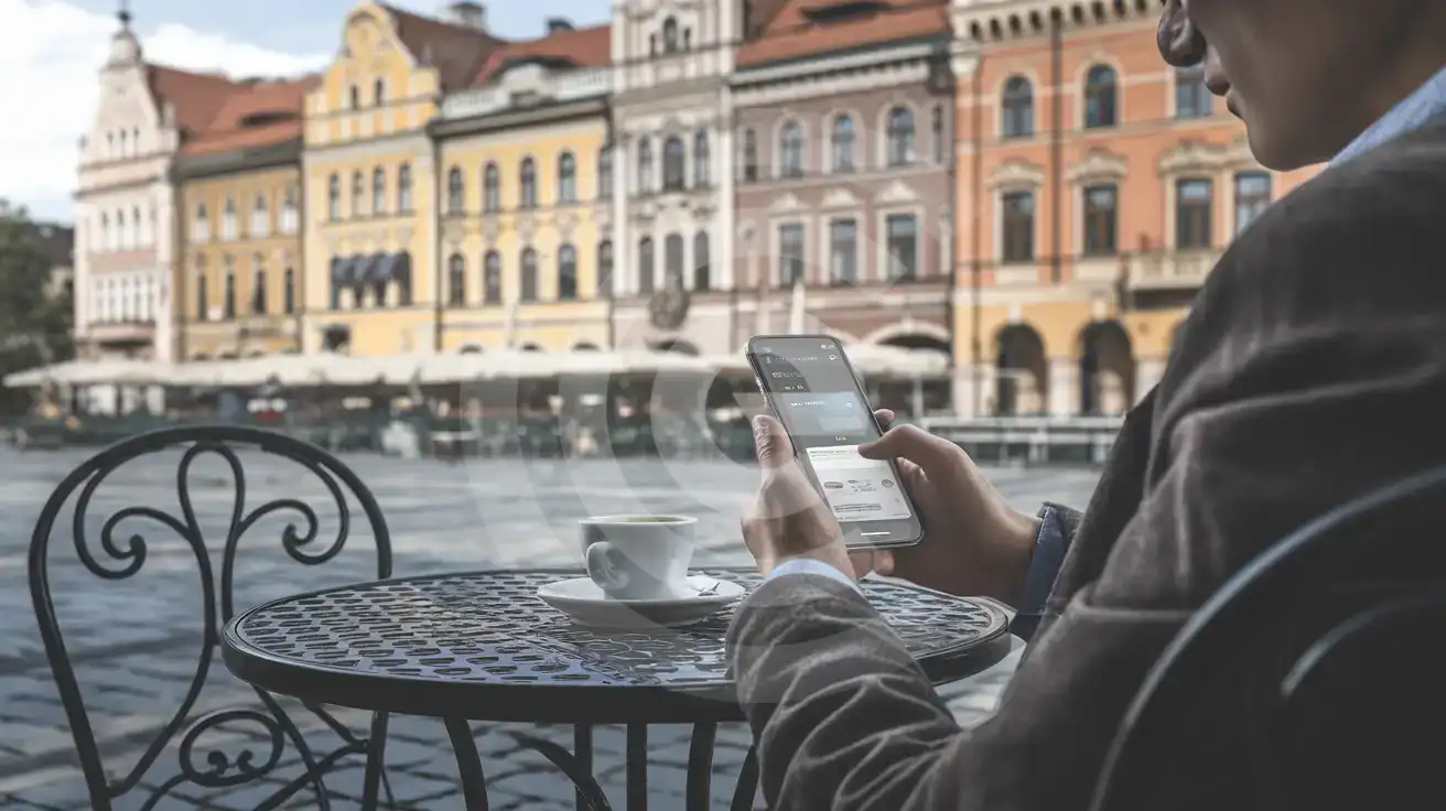 Viajero leyendo un mensaje en su teléfono en un café al aire libre en una plaza de una ciudad húngara