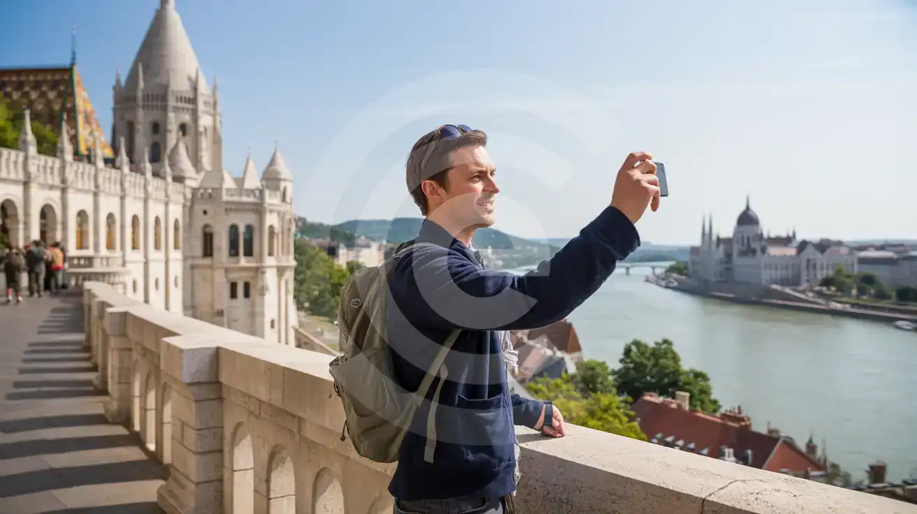 Solo male traveler photographing the Danube panorama from Fisherman's Bastion in Budapest with Parliament Building visible across the river