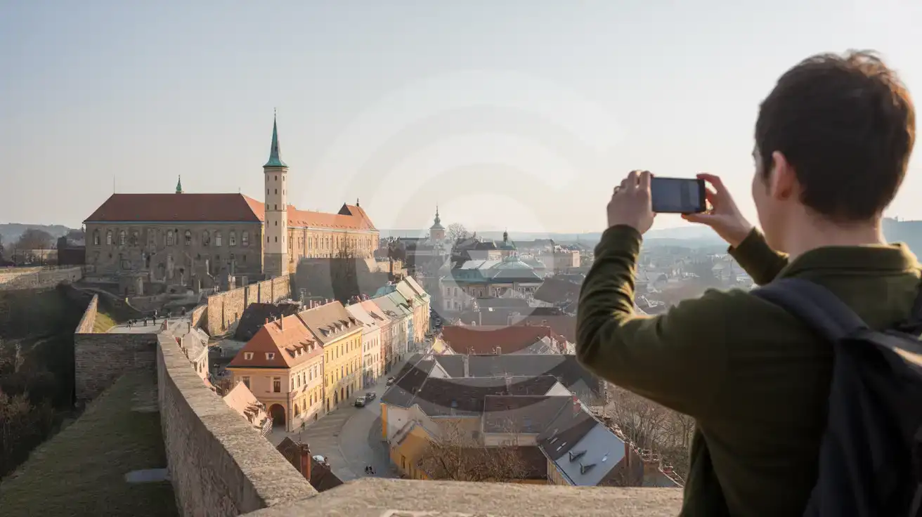 Para robiąca zdjęcia panoramy Dunaju z Baszty Rybackiej w Budapeszcie podczas pochmurnej pogody