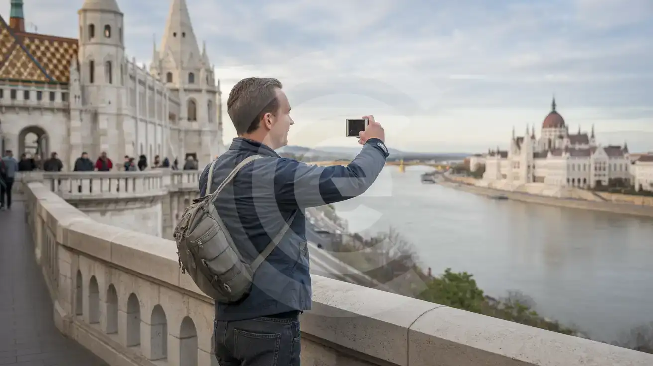 Alleinreisender fotografiert die Donau und das Parlament vom Balkon der Fischerbastei in Budapest