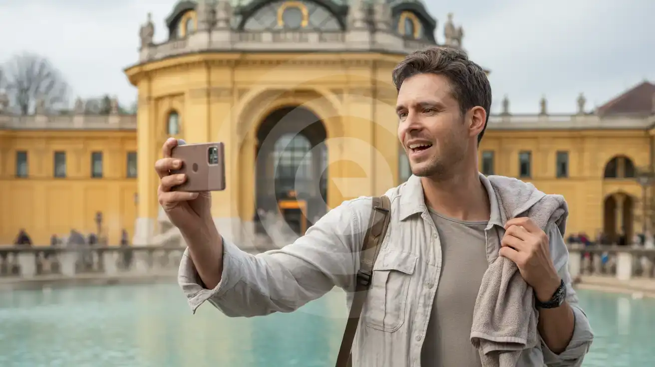 Podróżujący samotnie mężczyzna fotografujący neobarokowe wejście do Łaźni Széchenyi w Budapeszcie
