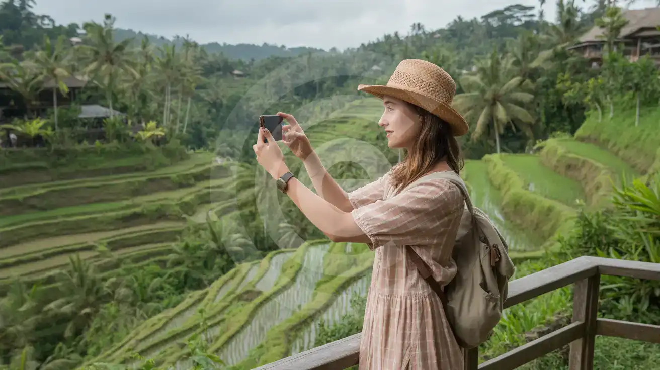 Solo female traveler photographing the Tegallalang rice terraces in Ubud, Bali, Indonesia from a wooden viewing platform