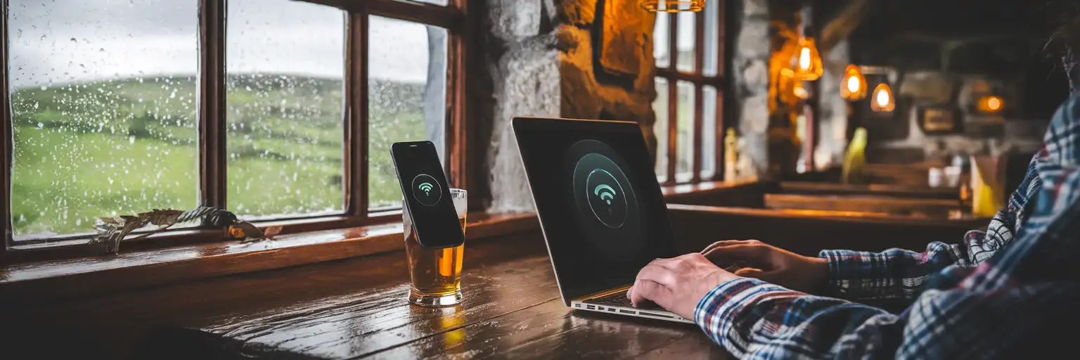 Călător folosind hotspotul de pe smartphone pentru laptop într-un pub tradițional irlandez, cu peisajul ploios vizibil prin ferestre