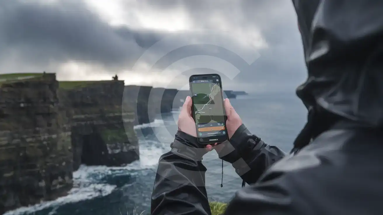 Excursionist folosind navigația pe smartphone la Stâncile Moher de pe coasta Atlanticului în Irlanda