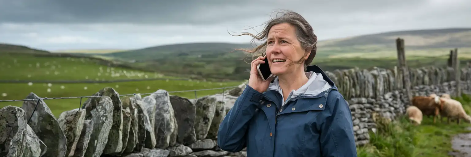 Woman making a phone call beside a stone wall in the Irish countryside with green hills and sheep in the background