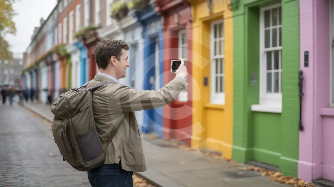 Alleinreisender Mann fotografiert bunte georgianische Türen am Merrion Square in Dublin, Irland