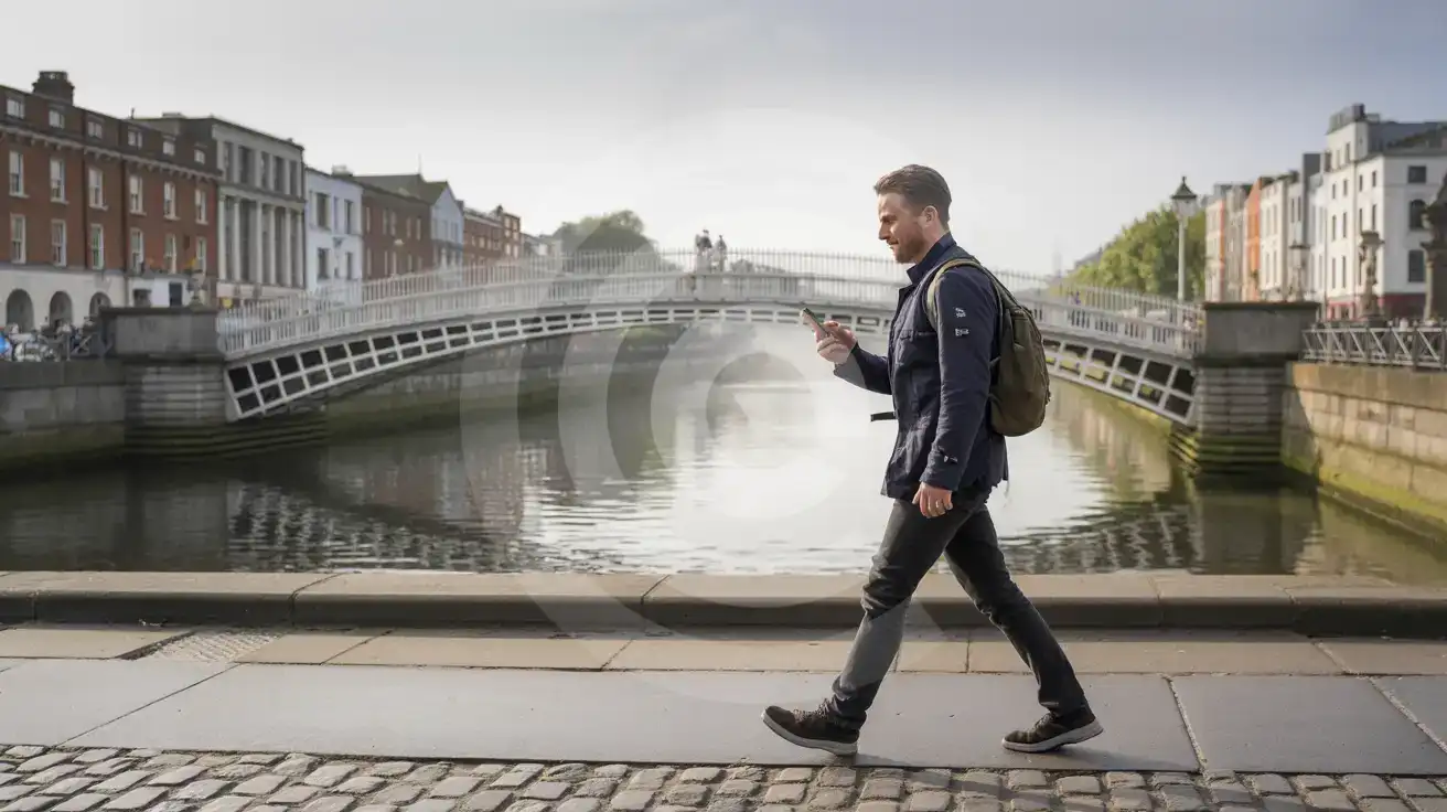 Solo male traveler walking across Ha'penny Bridge over the River Liffey in Dublin, Ireland on a misty morning