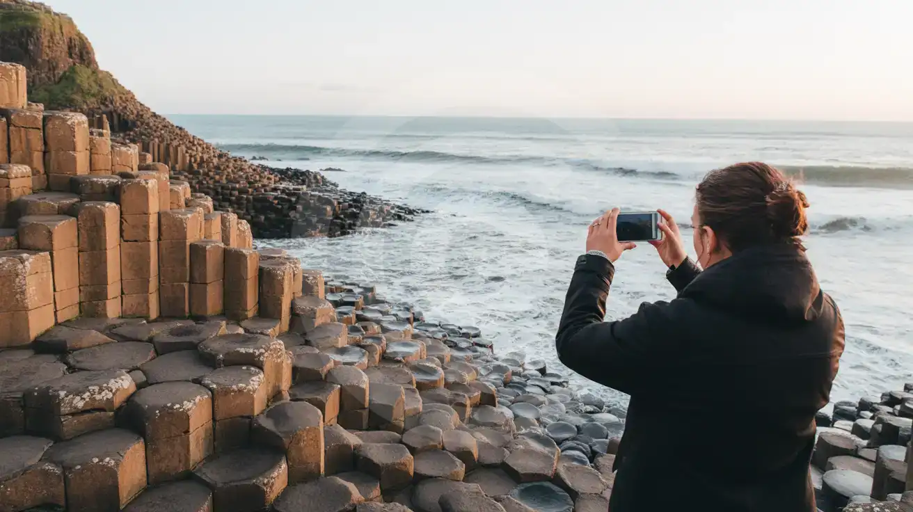Alleenreizende vrouw die het uitzicht vanaf de Ha'penny Bridge over de rivier de Liffey in Dublin fotografeert