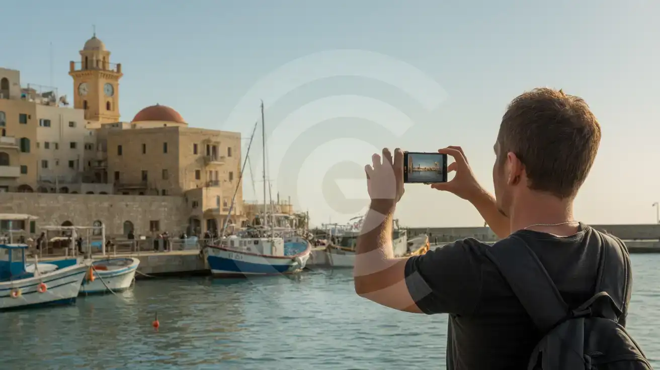 مسافرة منفردة تلتقط صورًا للبحر الأبيض المتوسط من ممشى الواجهة البحرية في تل أبيب مع مبانٍ بيضاء على طراز باوهاوس في الخلفية