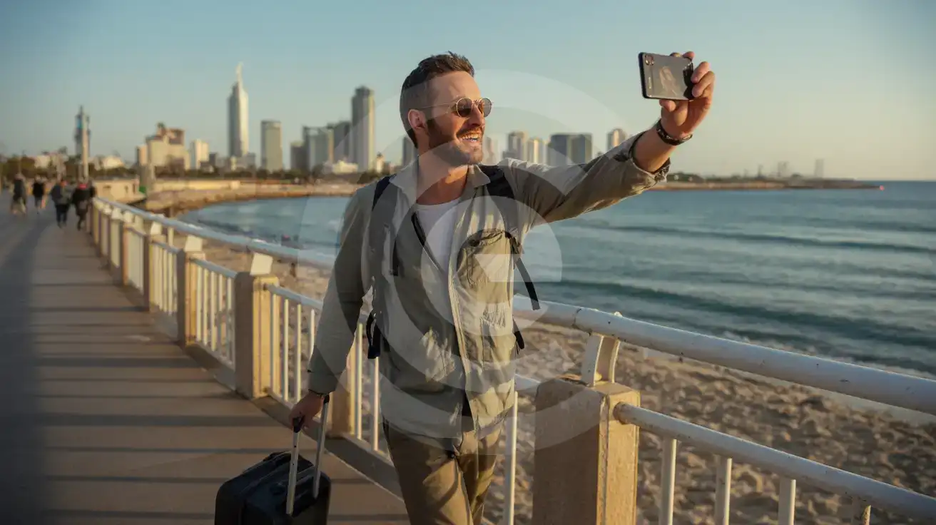 Solo male traveler photographing the Tel Aviv beachfront promenade at sunset with smartphone
