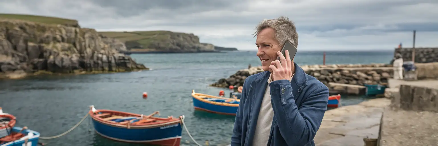 Traveller making a phone call near a harbour on the Isle of Man coastline with fishing boats and cliffs in the background