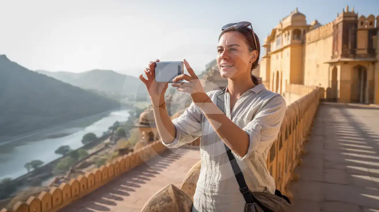 Solo female traveler photographing Amber Fort's golden sandstone ramparts from a stone terrace in Jaipur