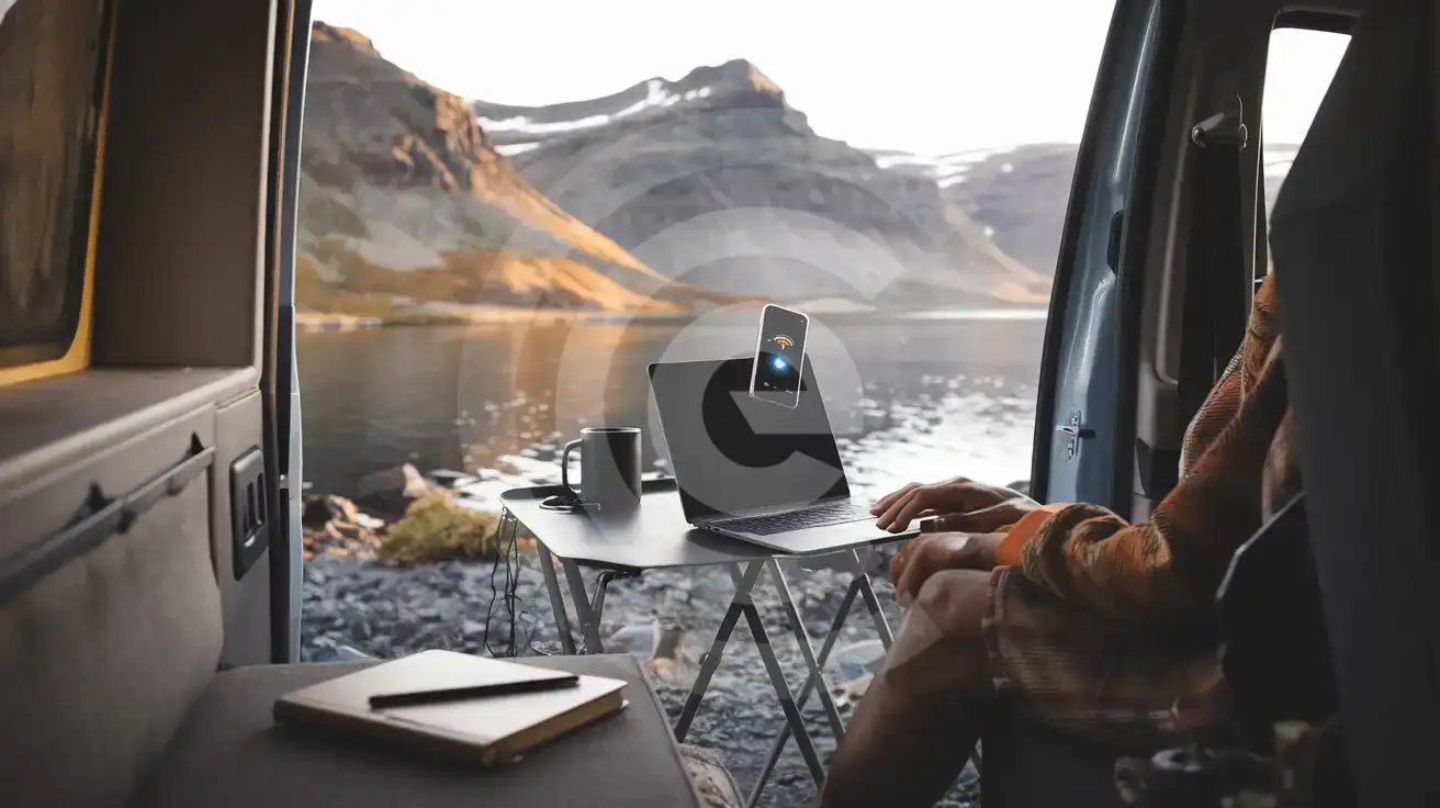 Muncitor la distanță folosind hotspot-ul telefonului pentru laptop într-o autorulotă cu vedere la un fiord islandez