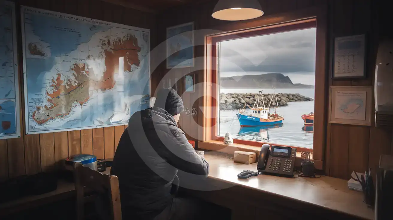 Traveler at a harbor booking office in Iceland with phone on the counter