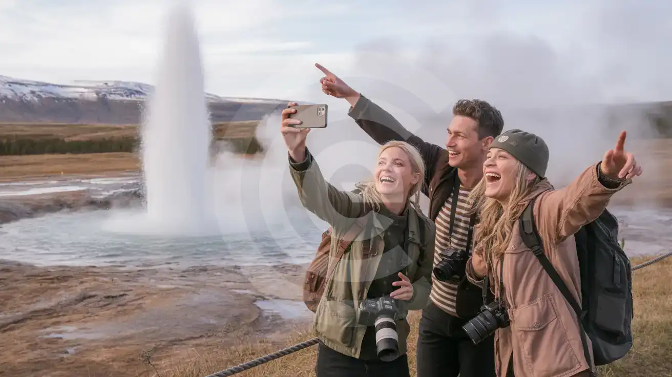 Three friends excitedly filming the Strokkur geyser eruption at Iceland's Geysir geothermal area with smartphones