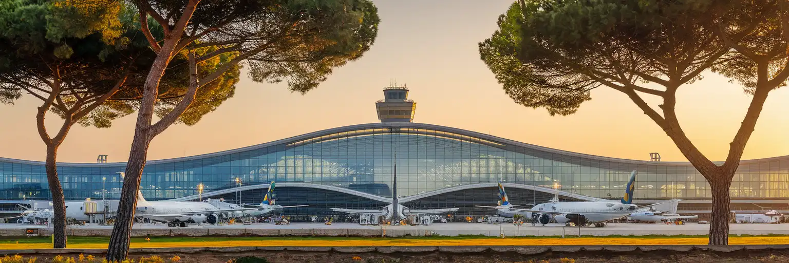 Leonardo da Vinci-Fiumicino Airport Terminal 3 facade and control tower at golden hour
