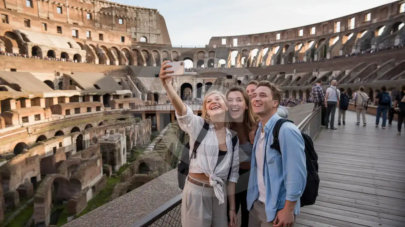 Group of friends taking a selfie on the reconstructed arena floor platform inside the Colosseum with the hypogeum tunnels and seating tiers behind them