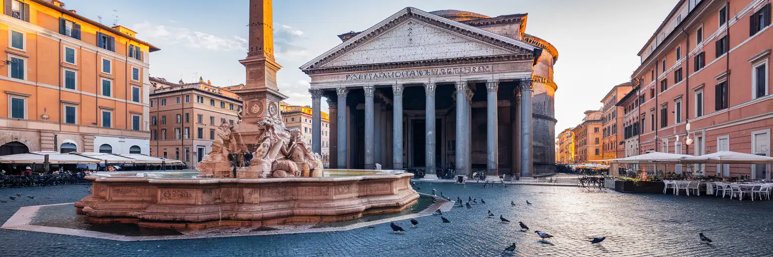 The Pantheon's columned portico and triangular pediment at golden hour viewed from Piazza della Rotonda in Rome