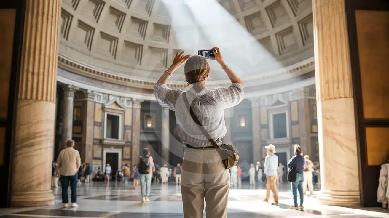 Solo female traveler photographing the Pantheon's coffered dome and oculus with her smartphone inside the rotunda