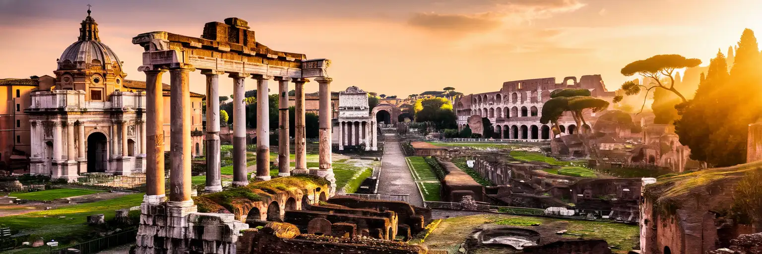 Ultrawide golden hour view of the Roman Forum archaeological site with Temple of Saturn columns, Arch of Septimius Severus, Via Sacra, and distant Colosseum in Rome, Italy