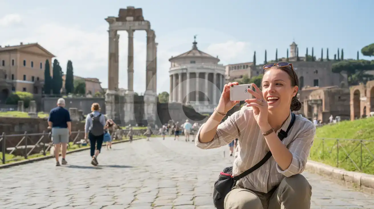 Solo female traveler crouching to photograph the Temple of Castor and Pollux columns along the Via Sacra inside the Roman Forum with Palatine Hill in the background