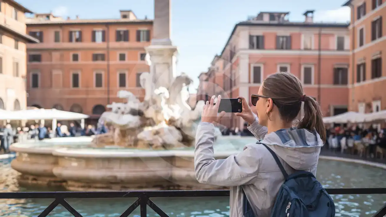 Solo female traveler photographing the Fontana del Moro in Piazza Navona, Rome