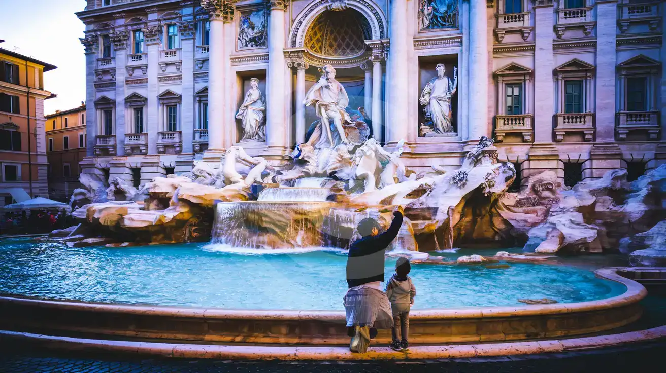 Family at Trevi Fountain basin edge in Rome with parent photographing the Oceanus statue while child looks on